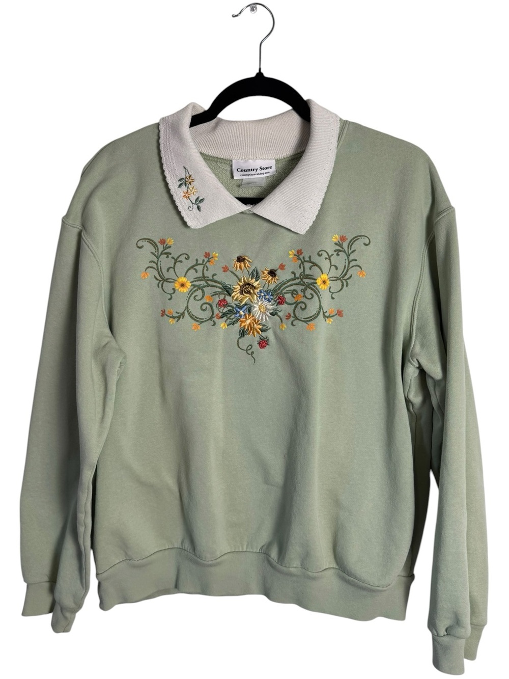 Country Store Sage Green Floral Embroidered Collared Sweatshirt